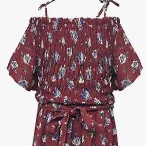 Smukke, Big Girls Burgundy Floral Printed Smocking Detailed Jumpsuits